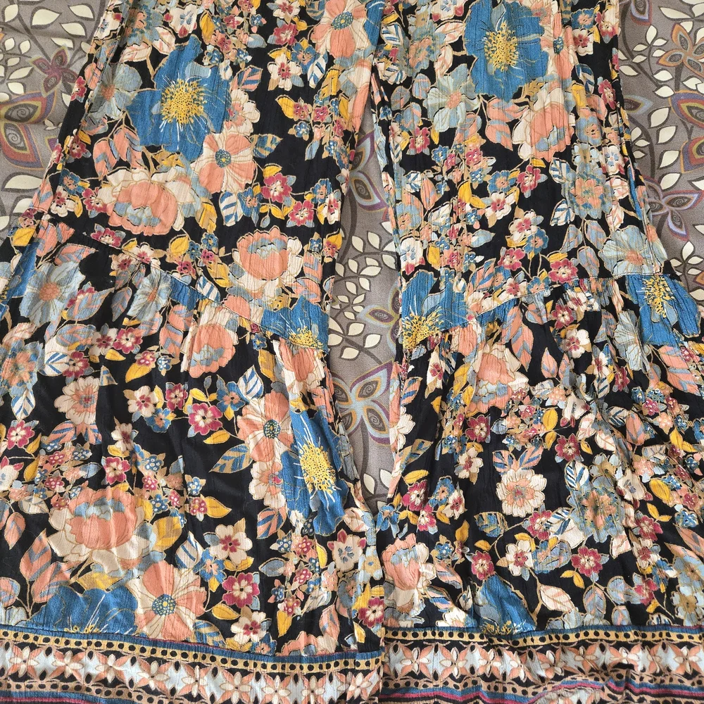 Angie Floral Wide-Leg Beach Flowy Pants Size Large Black Floral Peach Blue Multi - Picture 7 of 16